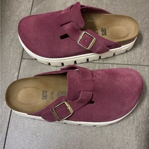Papillio Suede Buckle Mules - Berry